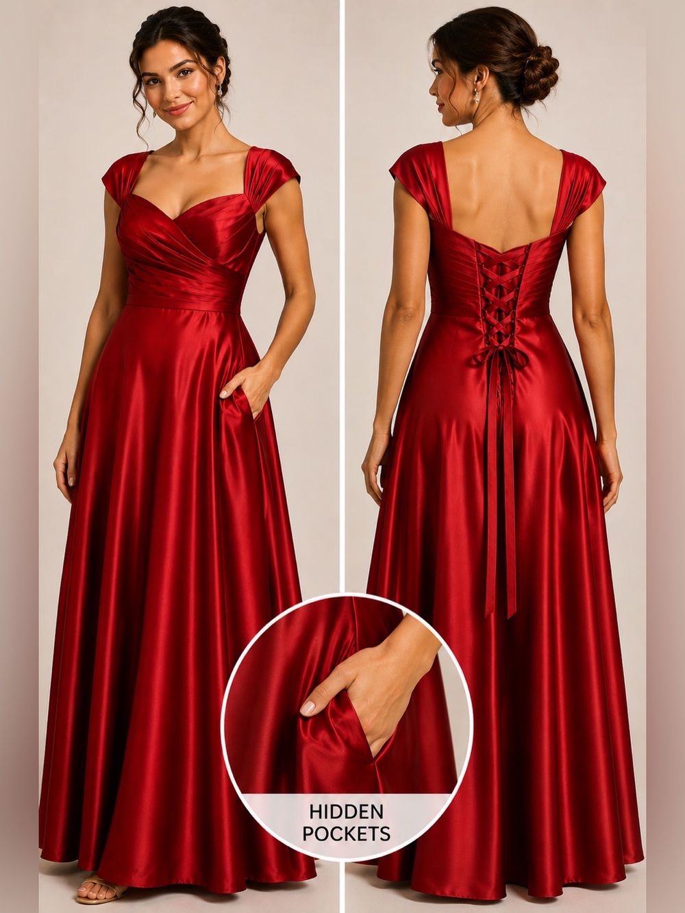 New Fashion Red Satin Corset Back Formal Maxi Dress Size 4 NWT Pockets